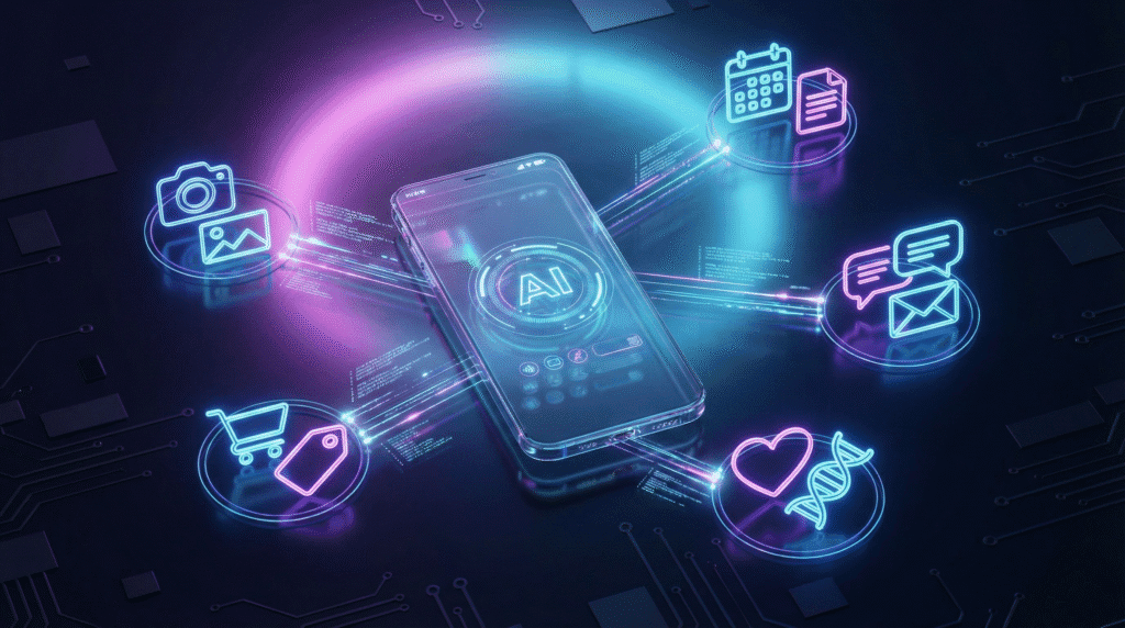 Concept art showing multiple smartphone apps connected by AI algorithms.
