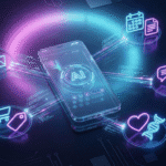 Concept art showing multiple smartphone apps connected by AI algorithms.