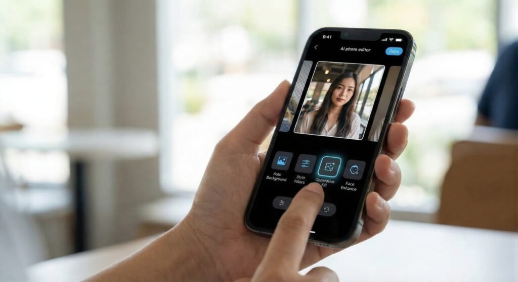 Person holding smartphone with AI photo-editing UI on screen