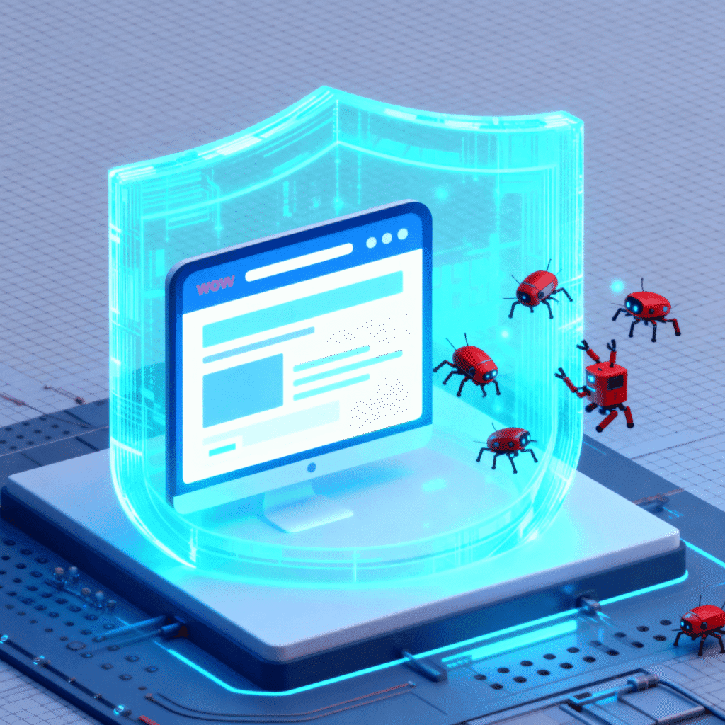 Illustration of AI security shield blocking malware bots from entering a website.