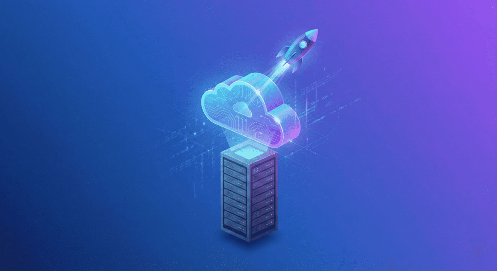 Illustration showing a rocket ship launching from a cloud representing cloud hosting growth 2025