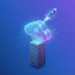 Illustration showing a rocket ship launching from a cloud representing cloud hosting growth 2025