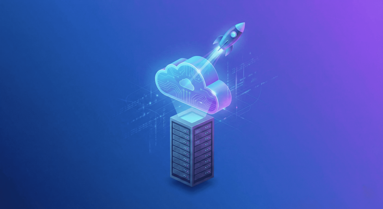 Illustration showing a rocket ship launching from a cloud representing cloud hosting growth 2025