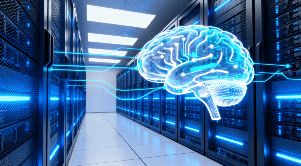 A futuristic server room visualization representing the impact of AI and automation on web hosting.