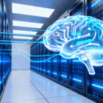 A futuristic server room visualization representing the impact of AI and automation on web hosting.