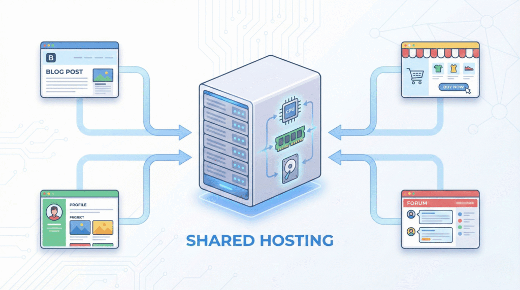diagram of multiple websites sharing one server
