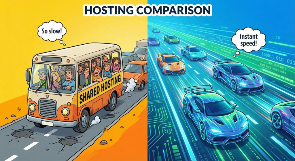 Comparison chart showing shared hosting as a crowded bus and cloud hosting as a fleet of sports cars