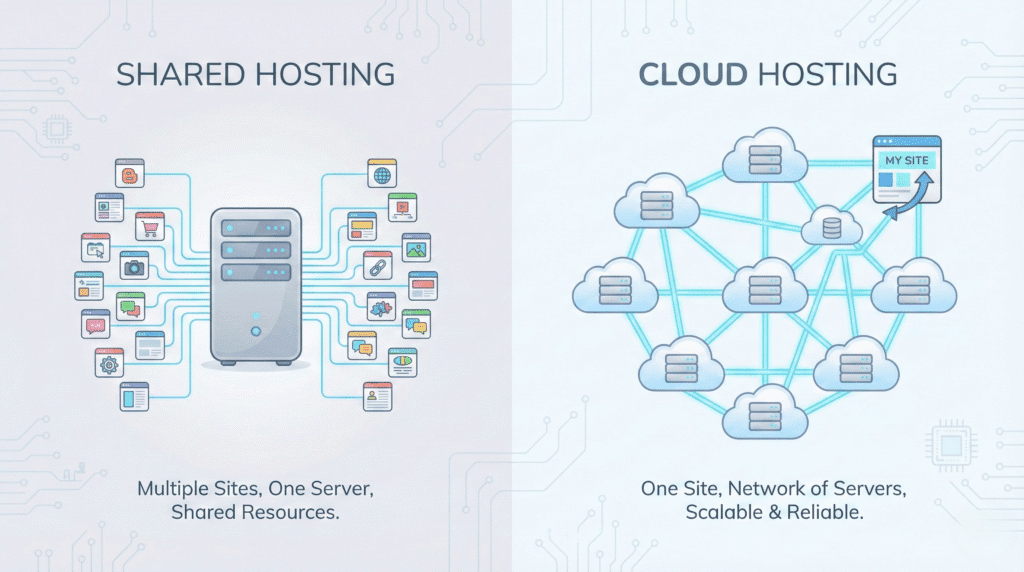 illustration comparing shared hosting and cloud hosting
