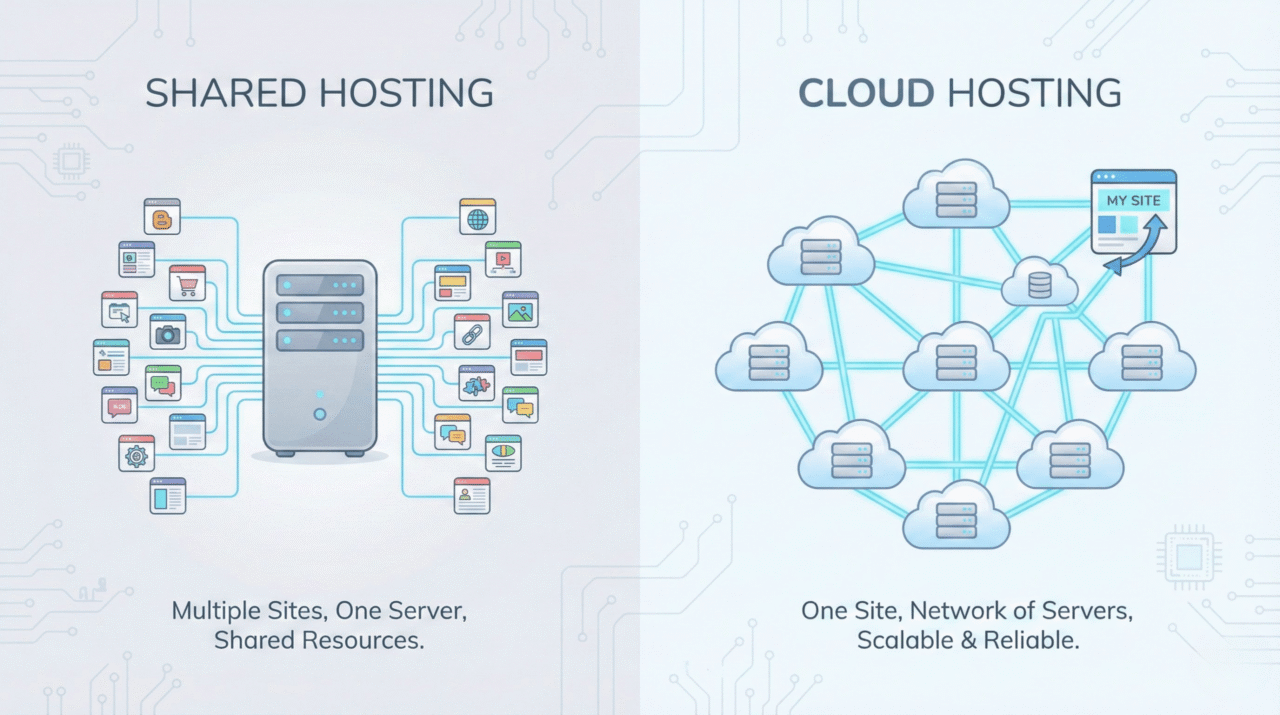 illustration comparing shared hosting and cloud hosting