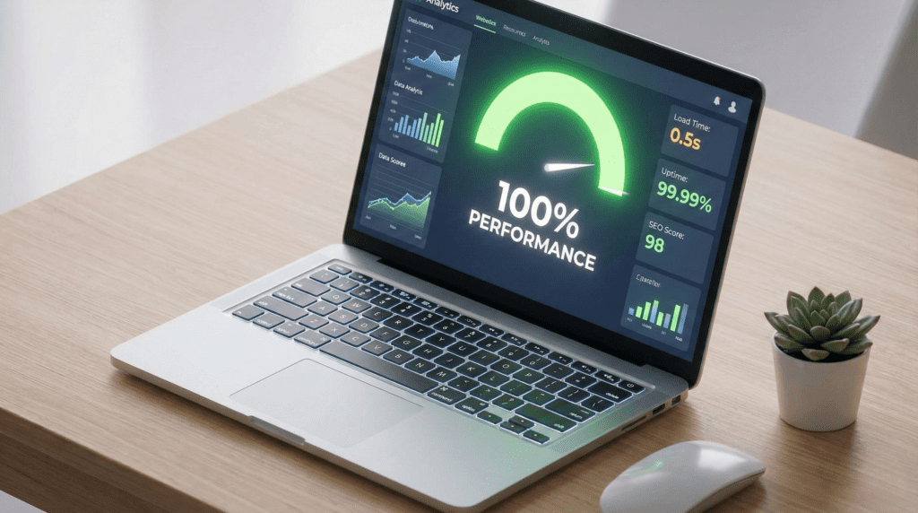 A computer screen displaying a speed test result with a score of 100% and green checkmarks